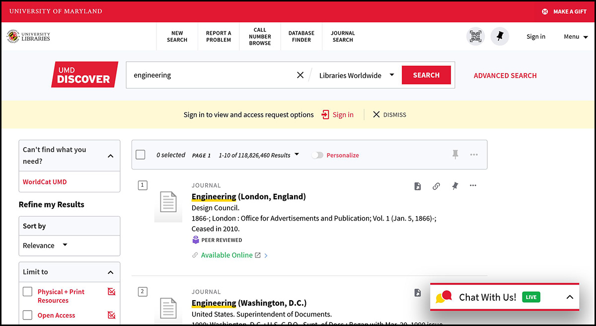 part of the screen showing the top of UMD Discover search results, displaying search filters and results